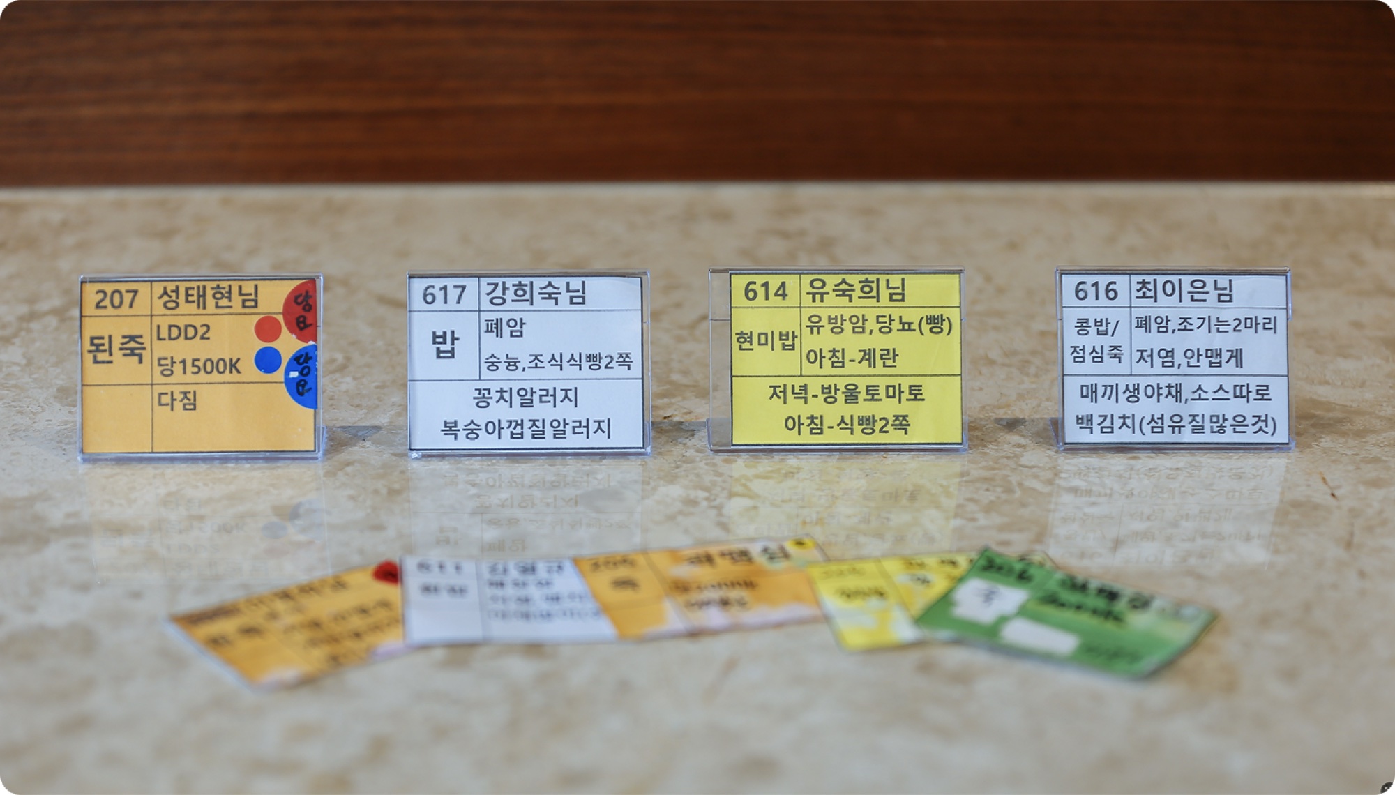 환자별 식사 선택을 표시한 식단 안내 카드