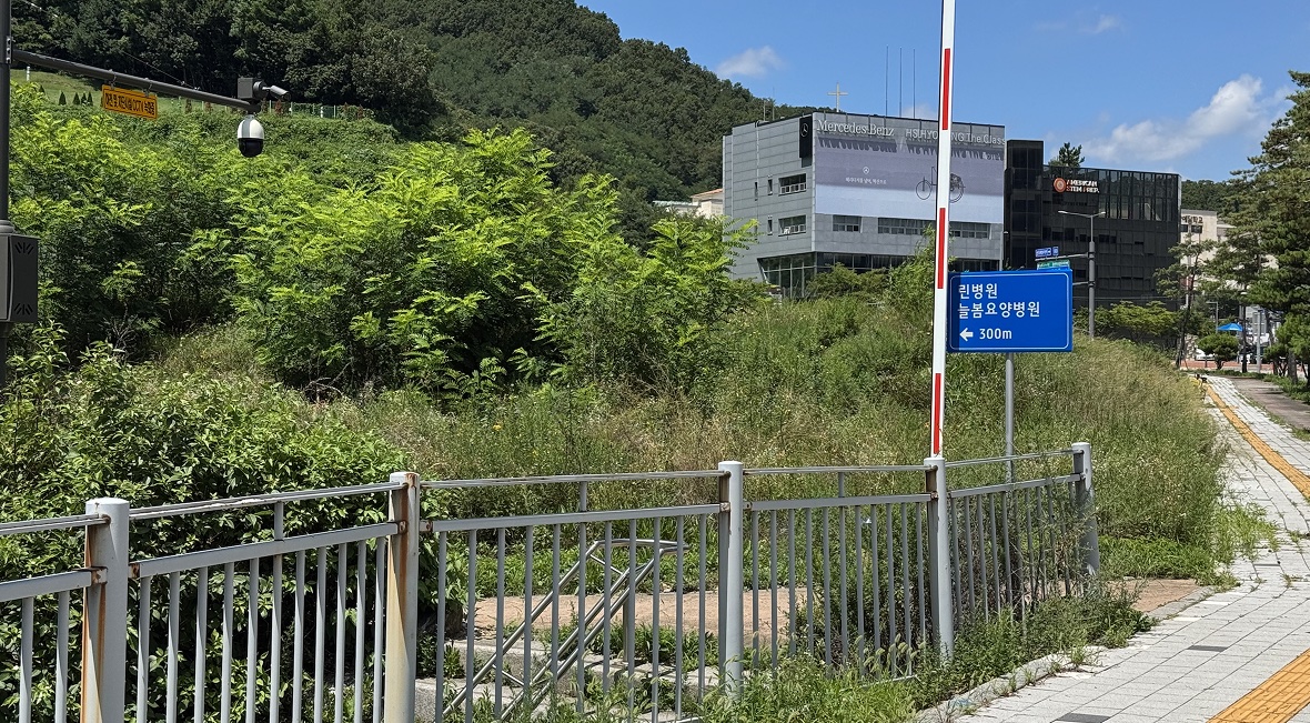 3단계 — 늘봄요양병원 이정표를 따라 가산천 산책길 방향으로 좌회전합니다.